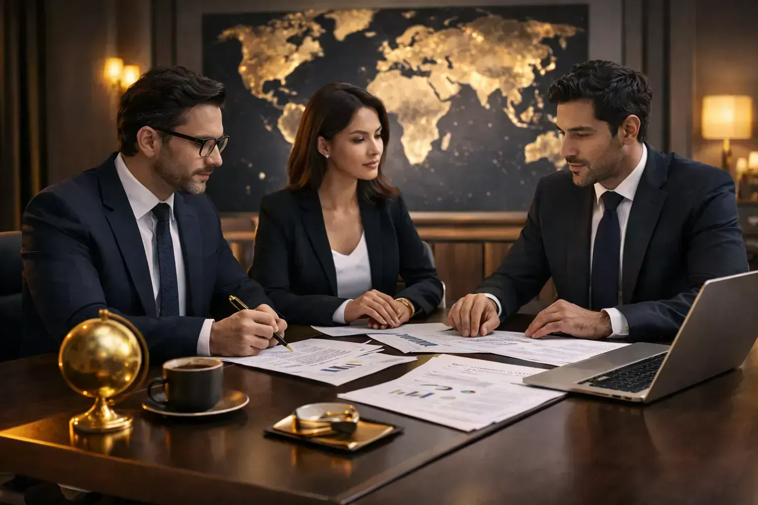 Luxury international advisory environment with a dark refined design language