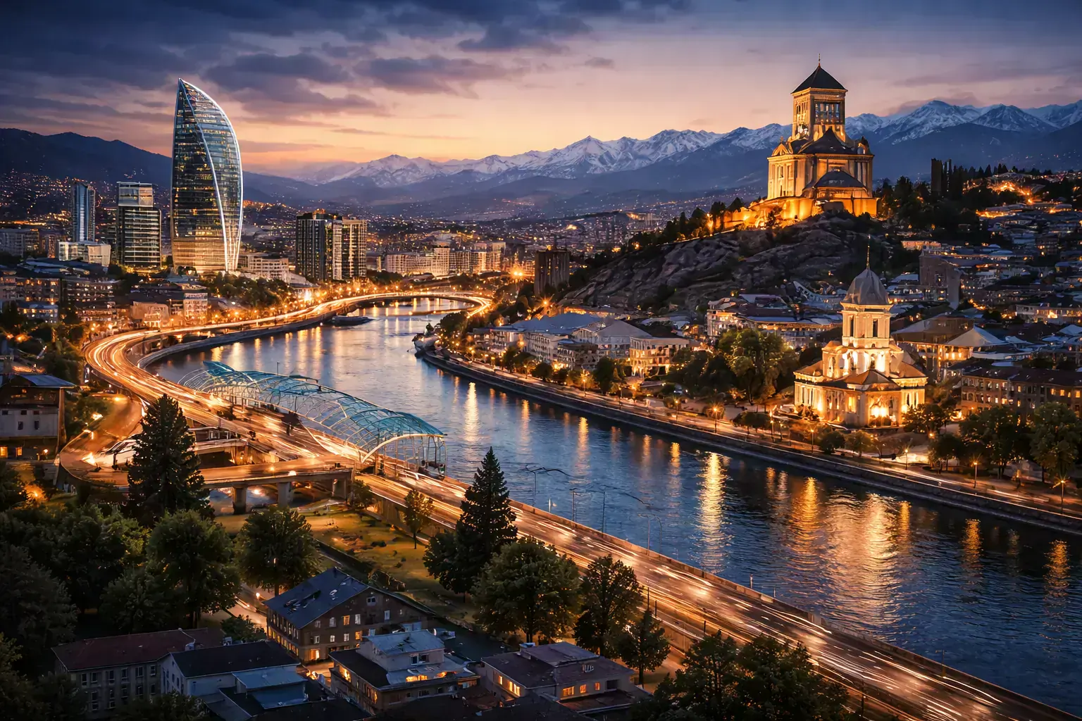 Tbilisi skyline visual representing international legal and tax advisory in Georgia